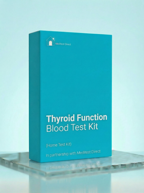 Teal box labeled 'Thyroid Function Blood Test Kit' on a light blue background