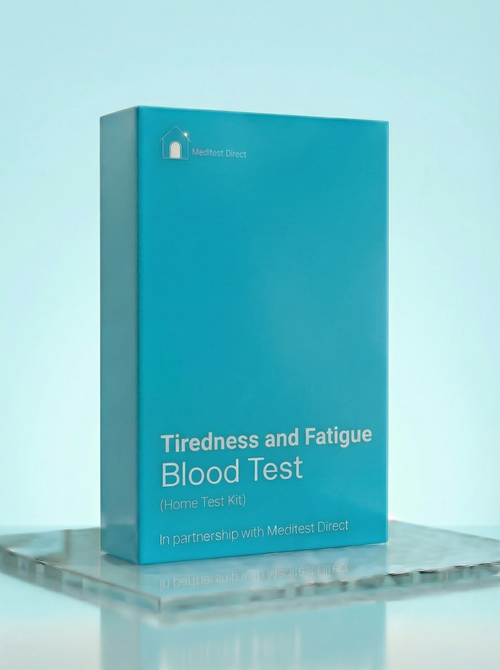 Blue box for a Tiredness and Fatigue Blood Test on a light blue background