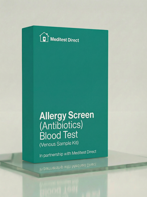 Professional laboratory blood collection materials for an Antibiotic Allergy Screen (9A) test, used to quantify specific IgE antibodies for penicillins and cephalosporins.
