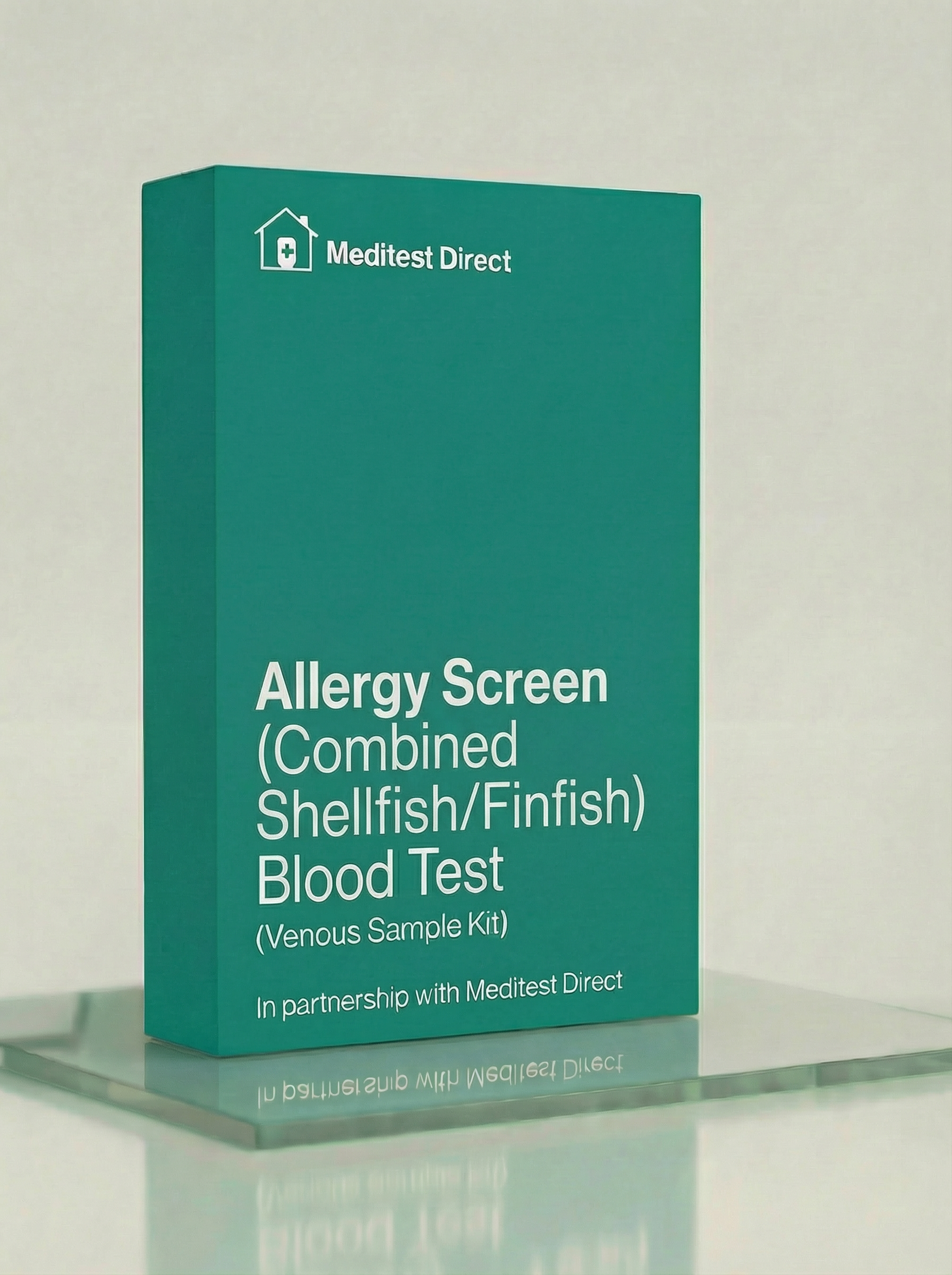 Meditest Direct allergy screen blood test kit packaging on a reflective surface with a light gray background