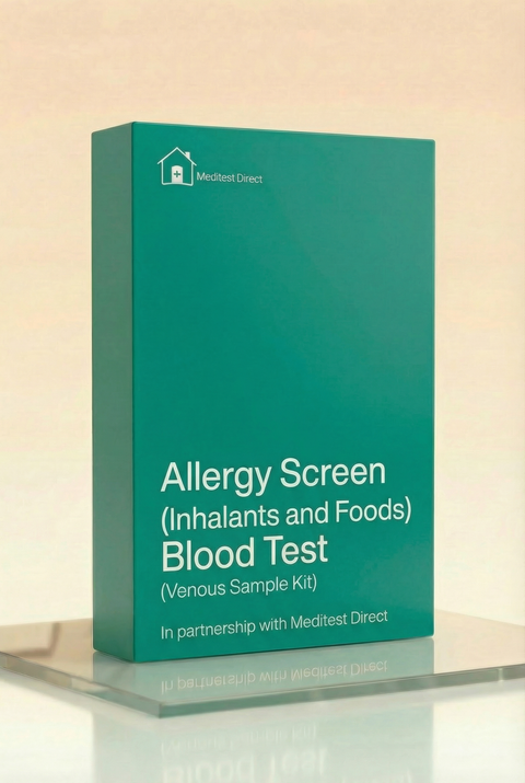 Professional laboratory blood collection materials for an Allergy Profile 1 (1A) test, measuring specific IgE antibodies for food and environmental triggers.