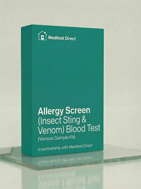 Professional laboratory blood collection materials for an Insect Venom Allergy Screen (10A) test, quantifying specific IgE antibodies for bee, wasp, and hornet venoms.