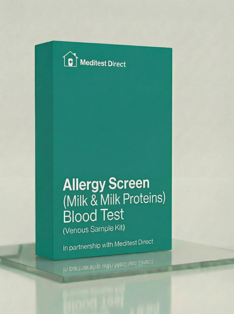 Professional laboratory blood collection materials for an Allergy Profile 12 (12A) test, quantifying specific IgE antibodies for cow and goat milk proteins.