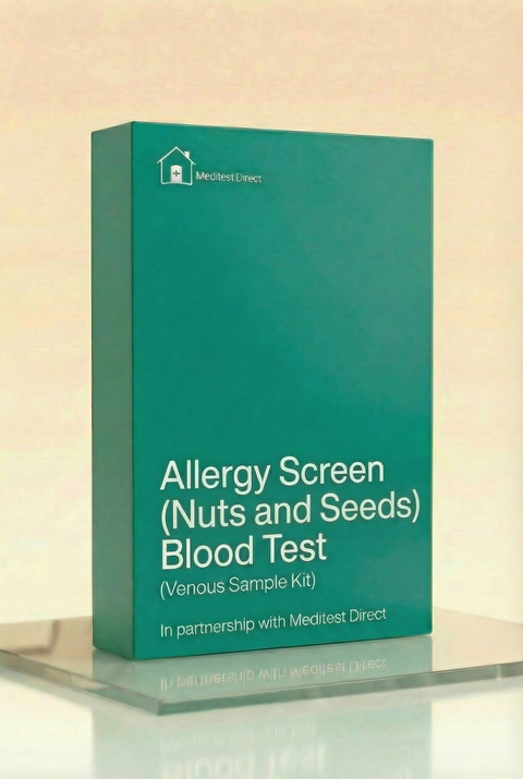 Professional laboratory blood collection materials for an Allergy Profile 4 (4A) test, used to quantify specific IgE antibodies for a comprehensive range of nuts and seeds.