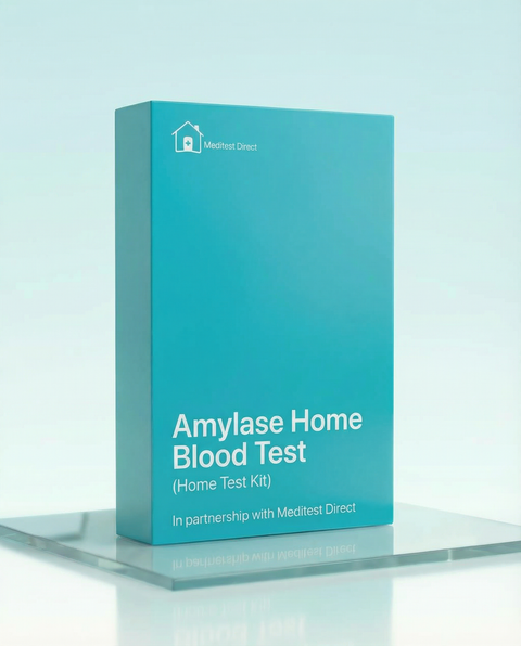 Home finger-prick blood collection kit for an Amylase enzyme test, including lancets, collection tube, and prepaid laboratory return packaging.