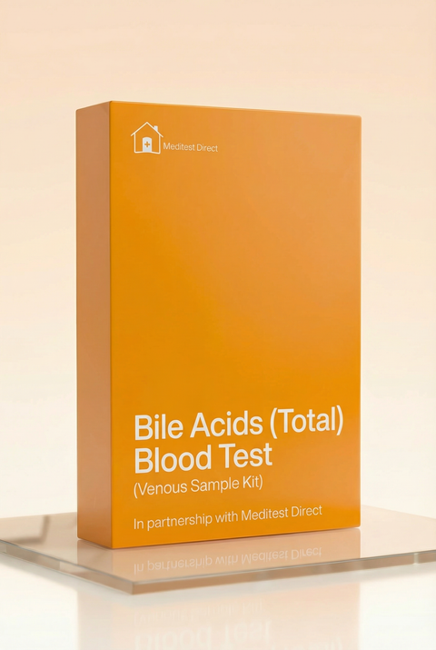 Total Bile Acids venous blood test kit for professional phlebotomy, used for assessing liver clearance, gallbladder function, and screening for pregnancy-related cholestasis.