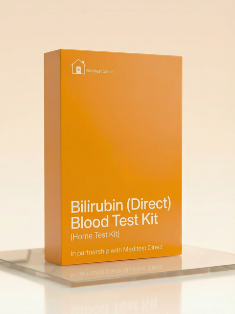 Professional finger-prick blood collection kit for a Direct (Conjugated) Bilirubin test, designed to identify liver dysfunction and bile duct health indicators.