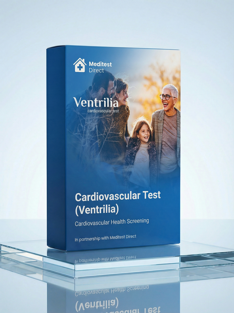 Ventrilia hereditary cardiovascular screening kit featuring a non-invasive buccal (cheek) swab collection device for advanced DNA analysis of heart-linked genetic mutations.