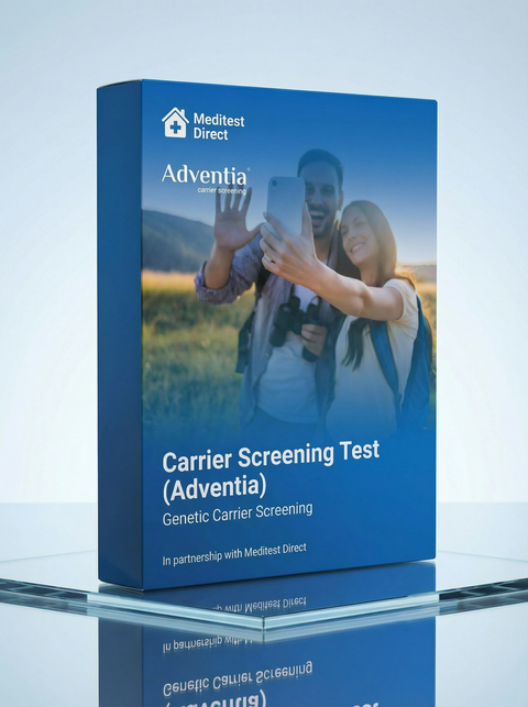 ADVENTIA genetic carrier screening kit featuring a non-invasive buccal (cheek) swab collection device for pre-pregnancy and prenatal DNA analysis.