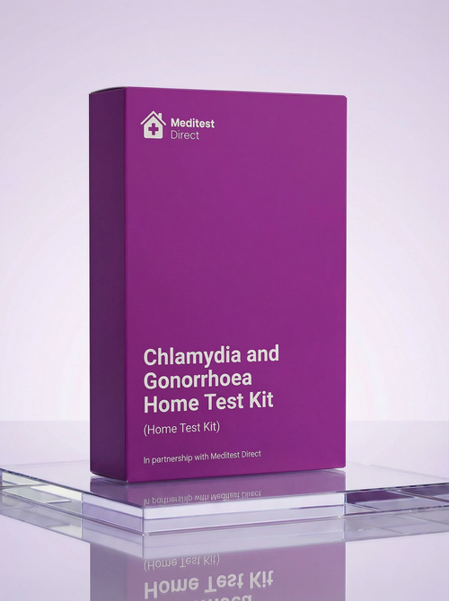 Discreet home STI test kit for Chlamydia and Gonorrhoea featuring specialized swabs and urine collection materials for multi-site infection screening.