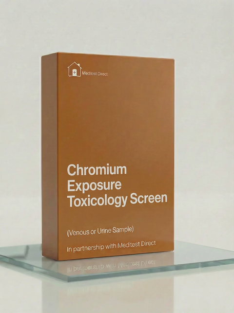 Specialist trace-element collection materials for Chromium (Cr) testing, featuring a venous blood tube for orthopaedic patient monitoring and a home urine kit for industrial safety screening.
