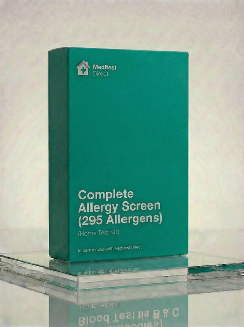 Complete Allergy Screen home finger-prick blood collection kit featuring the TDL Tiny device for 295 allergen IgE microarray analysis.