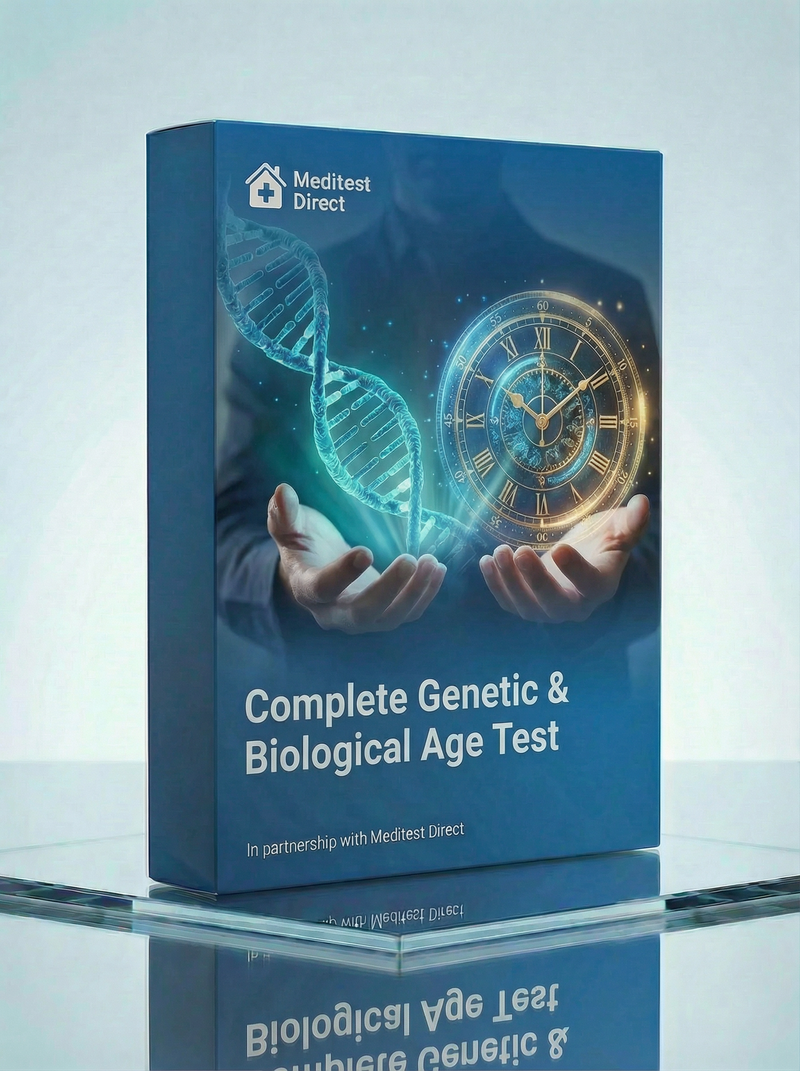 Comprehensive saliva collection kit for simultaneous DNA and epigenetic analysis, used to decode fixed genetic traits and dynamic biological ageing at a Eurofins genomics laboratory.