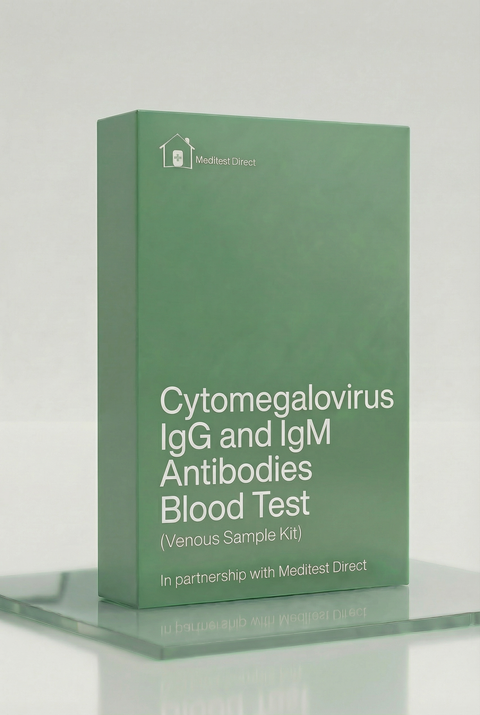 Professional venous blood collection materials for a Cytomegalovirus (CMV) antibody laboratory test, assessing both long-term immunity (IgG) and recent infection (IgM).