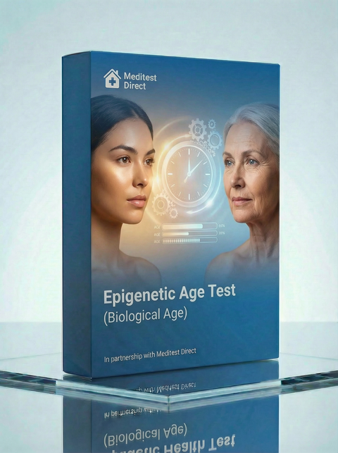 Advanced epigenetic saliva collection kit for DNA methylation analysis, used to calculate biological age and multi-organ longevity markers in a Eurofins genomics lab.