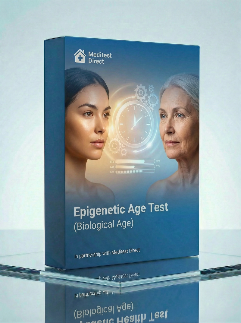 Advanced epigenetic saliva collection kit for DNA methylation analysis, used to calculate biological age and multi-organ longevity markers in a Eurofins genomics lab.