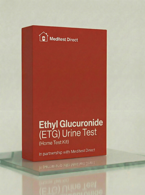 Laboratory-grade urine specimen container and biohazard packaging for a Urine Ethyl Glucuronide (EtG) toxicology screen, used for verifying recent alcohol abstinence.