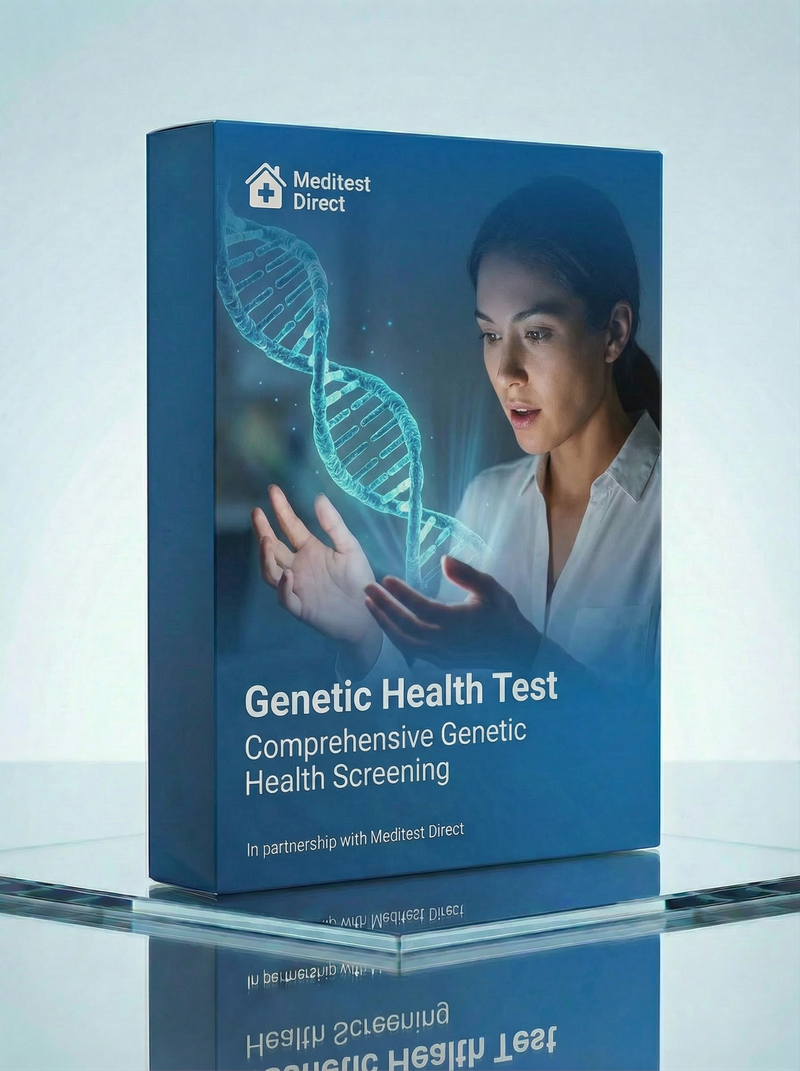 Saliva-based DNA collection kit featuring a stabilizing solution tube and funnel for high-accuracy genomic analysis at a Eurofins laboratory.