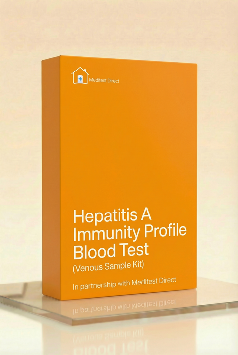 Home finger-prick blood collection kit for a Hepatitis A antibody test, including lancets, blood collection tube, and prepaid laboratory return packaging.