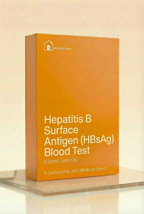 Home finger-prick blood collection kit for a Hepatitis B Surface Antigen (HBsAg) test, featuring lancets, collection tube, and laboratory return materials.