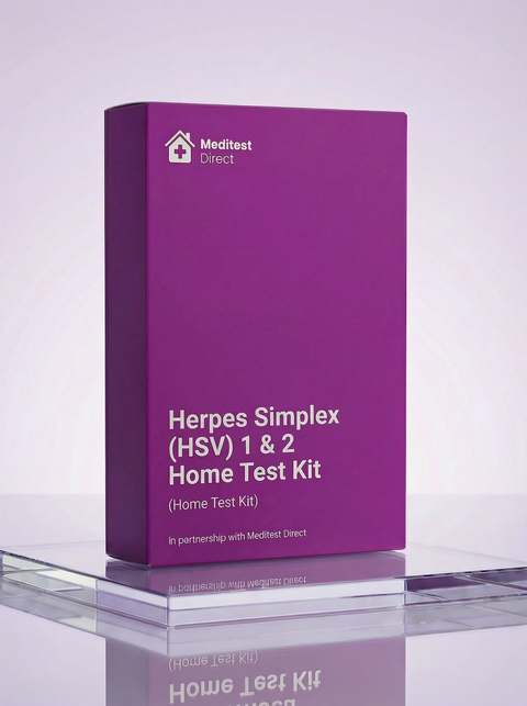 Herpes Simplex Virus (HSV) home lesion swab kit with sterile collection tools and transport tube for professional PCR analysis of oral and genital sores.