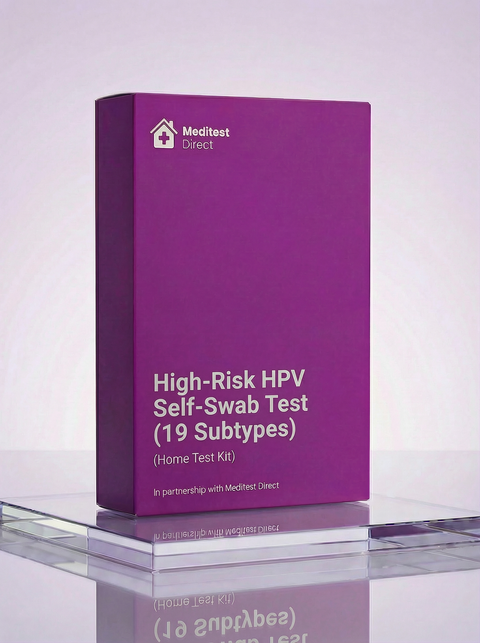Purple box of Meditest Direct High-Risk HPV Self-Swab Test on a reflective surface with a light purple background