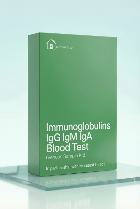 Professional venous blood collection materials for an Immunoglobulin and Protein laboratory profile, used to evaluate immune response and metabolic health.