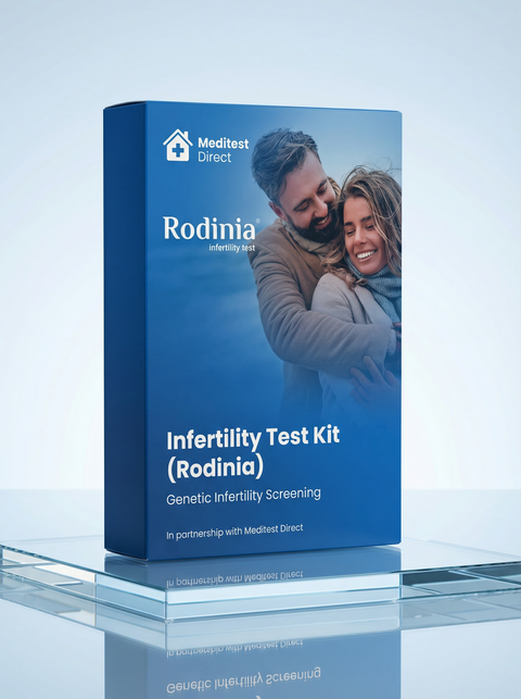 Rodinia infertility genetic screening kit featuring a non-invasive buccal (cheek) swab collection device for advanced DNA analysis of reproductive health markers.