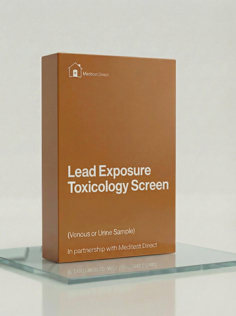 Laboratory-certified collection materials for a Lead Exposure Screen, offering a choice between a gold-standard venous blood kit or a convenient home urine collection kit.
