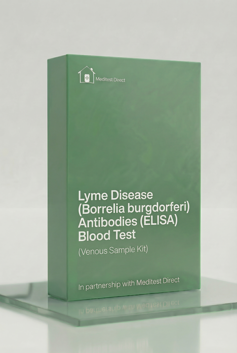 Professional venous blood collection materials for a Lyme Disease ELISA laboratory test, identifying IgM and IgG antibodies against Borrelia burgdorferi.