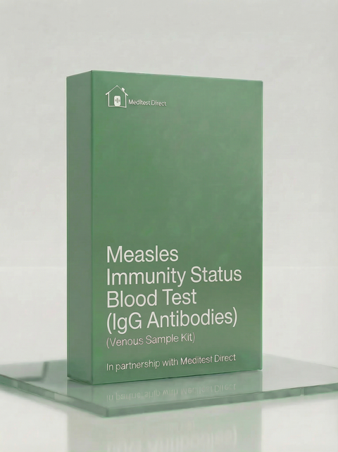 Professional blood collection materials for a Measles IgG antibody status laboratory test to quantify immune protection levels.