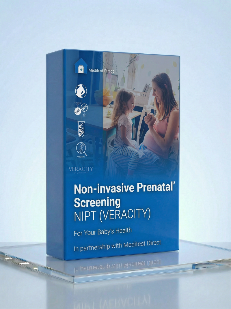 VERACITY Non-Invasive Prenatal Test (NIPT) home blood collection kit including specialized tubes for fetal cell-free DNA analysis and genetic screening.