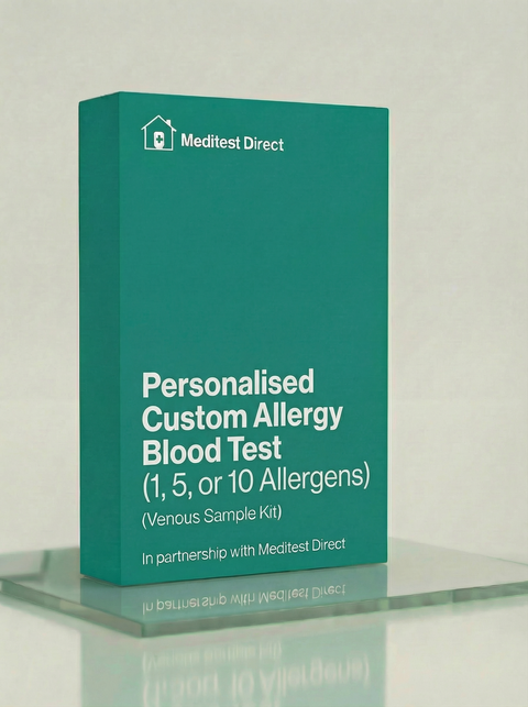 Professional laboratory blood collection materials for a Personalised Custom Allergy Test, allowing for the quantification of specific IgE antibodies for user-selected allergens.