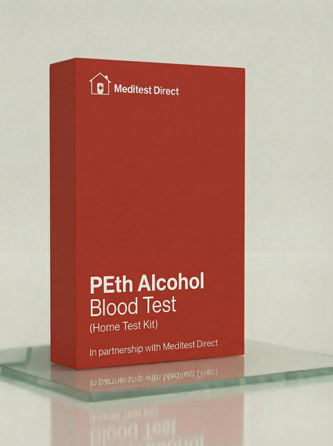 Dried Blood Spot (DBS) collection card and lancets for a PEth alcohol biomarker test, used for detecting alcohol consumption patterns over the previous month.