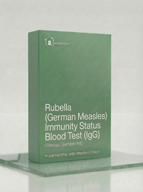 Professional venous blood collection materials for a Rubella (German Measles) IgG antibody status laboratory test to confirm clinical immunity levels.