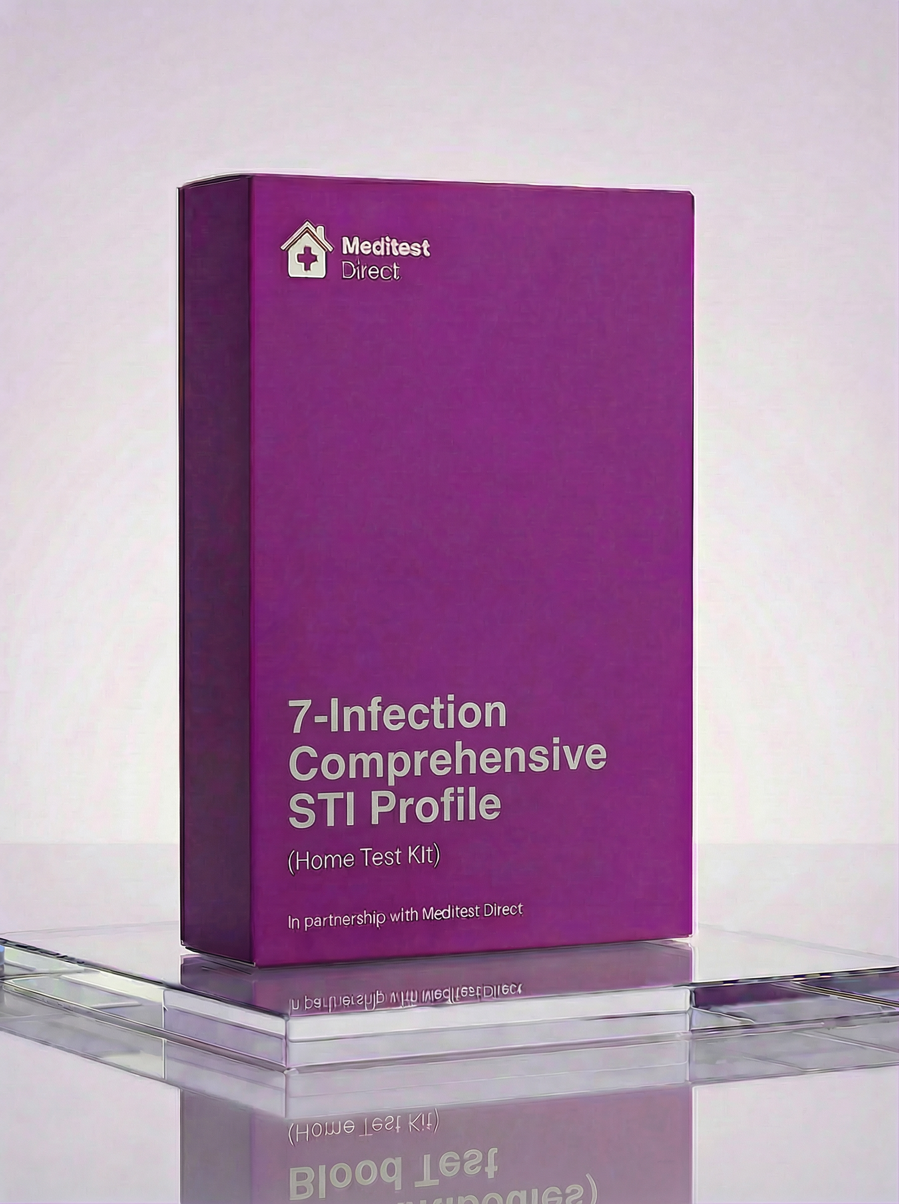 Comprehensive 7-infection STI home test kit featuring a multi-site swab or urine collection container for advanced DNA PCR laboratory analysis.