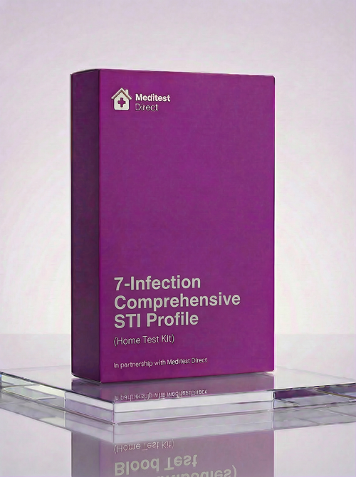 Comprehensive 7-infection STI home test kit featuring a multi-site swab or urine collection container for advanced DNA PCR laboratory analysis.