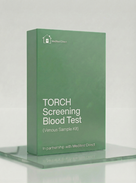 Professional venous blood collection materials for a TORCH screen laboratory test, analyzing IgG and IgM antibodies for pregnancy-related infections.