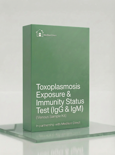 Professional blood collection kit for a Toxoplasmosis antibody laboratory test, screening for IgG and IgM markers to assess infection history.