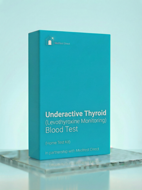 Thyroid hormone replacement monitoring kit with home finger-prick collection tools for analyzing TSH and Free T4 levels while on medication.