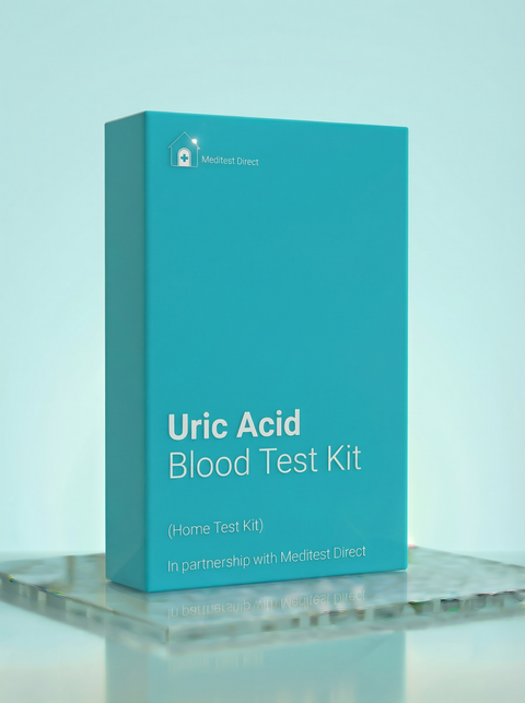 Uric Acid home blood test kit with finger-prick collection materials for analyzing purine waste levels and assessing gout risk.
