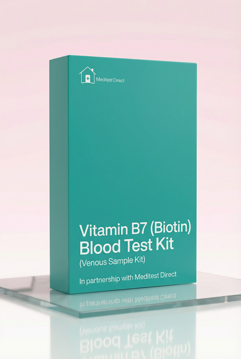 Professional blood collection materials for a Vitamin B7 (Biotin) laboratory test to assess metabolic health and keratin-related nutritional status.