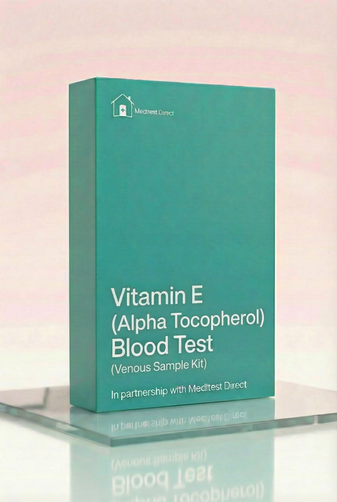 Professional venous blood collection materials for a Vitamin E (Alpha-Tocopherol) laboratory test to assess antioxidant capacity and nutritional health.