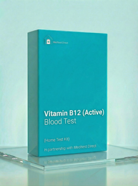 Vitamin B12 blood test home test kit packaging on a light blue background