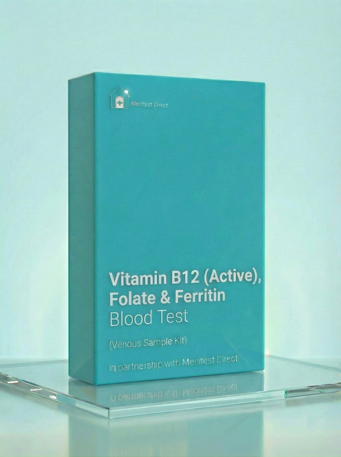 Vitamin B12, Folate, and Ferritin venous blood test kit for professional phlebotomy, analyzing the three primary nutrients required for energy production and red blood cell health.