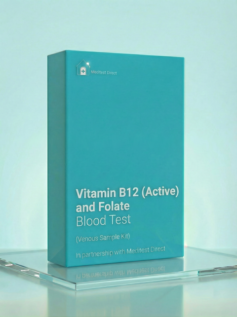 Vitamin B12 (Active) and Folate Blood Test kit box on a light blue background