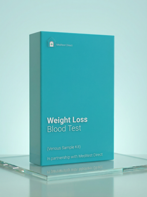 Turquoise box labeled 'Weight Loss Blood Test' on a light blue background