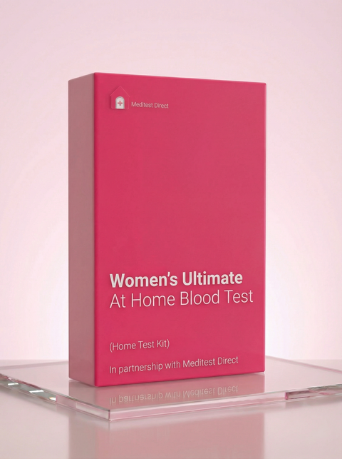 Women's Ultimate at-home blood test kit featuring a finger-prick collection device and lab materials for screening 16 key female health biomarkers.