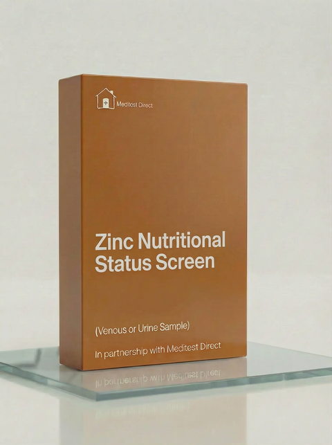 Specialist trace-element collection materials for Zinc (Zn) testing, featuring a serum-separated blood tube for clinical status assessment and a home urine kit for excretion monitoring.